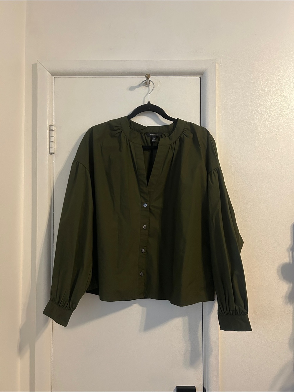 Banana Republic Factory Olive Green Button-Down Puff Sleeve Blouse